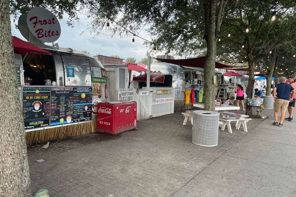 There are air stream food trailers lined up in Seaside's downtown area!