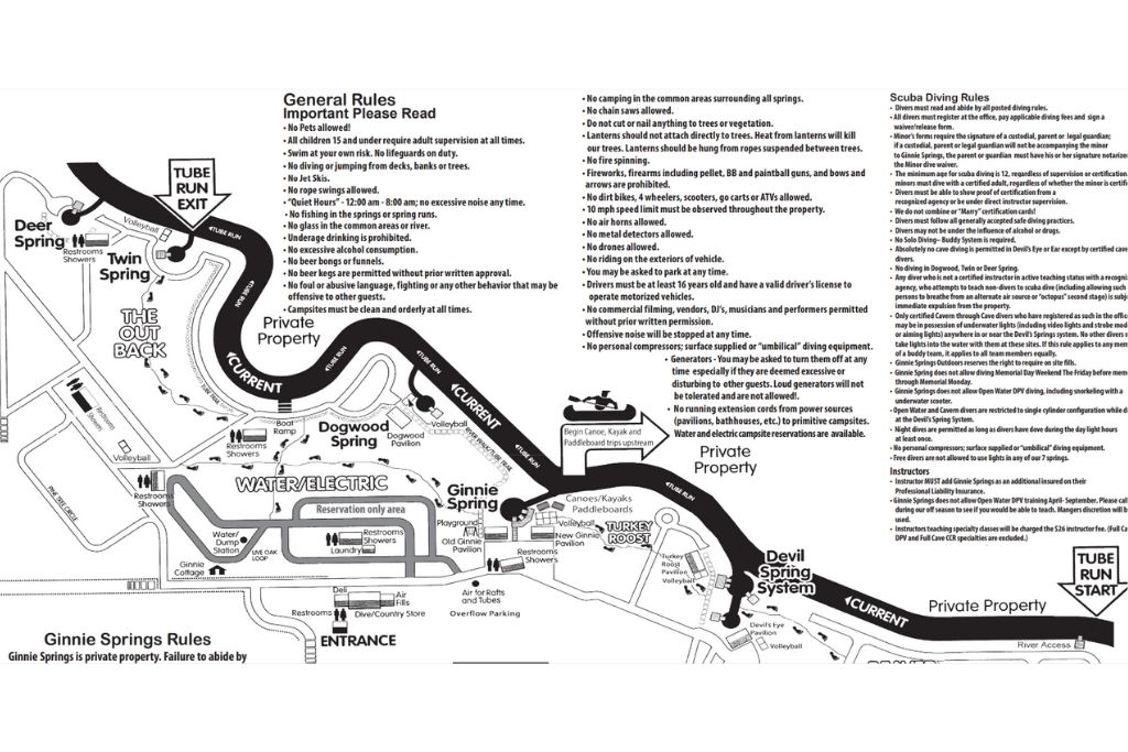 This map has the basic layout of the park and things to do in Ginnie Springs!