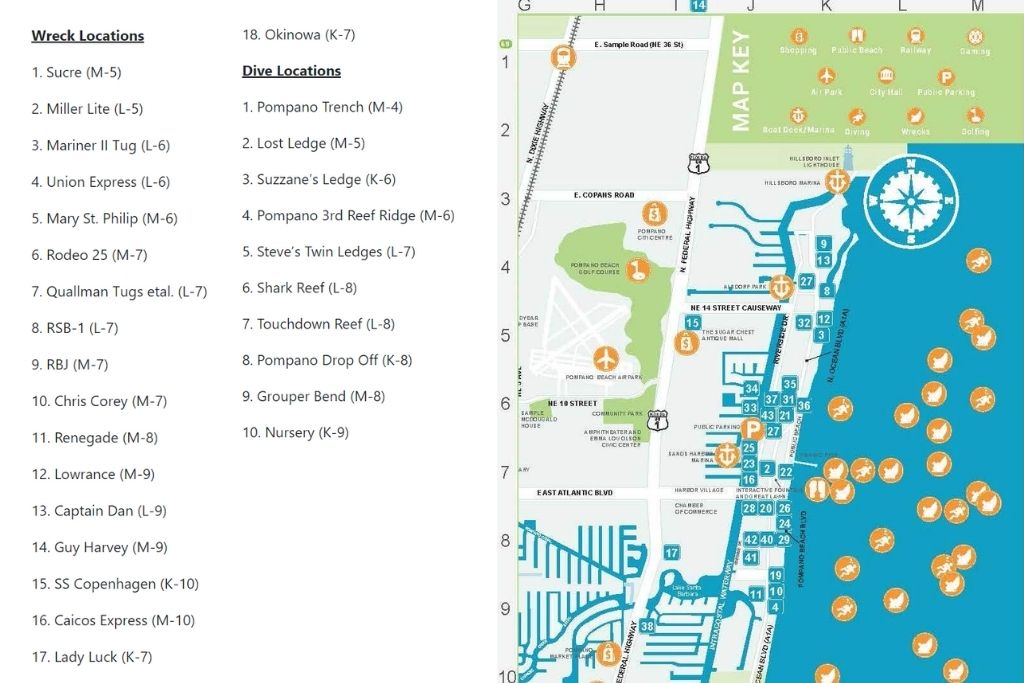 This is a map of the diving spots and wrecks in Pompano Beach.  Map credit: pompanobeachfl.gov