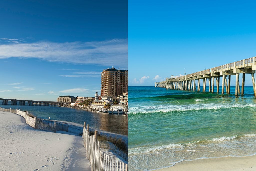 View of the Destin Harbor Boardwalk and the Boardwalk along the beach of Panama City Beach Pier.