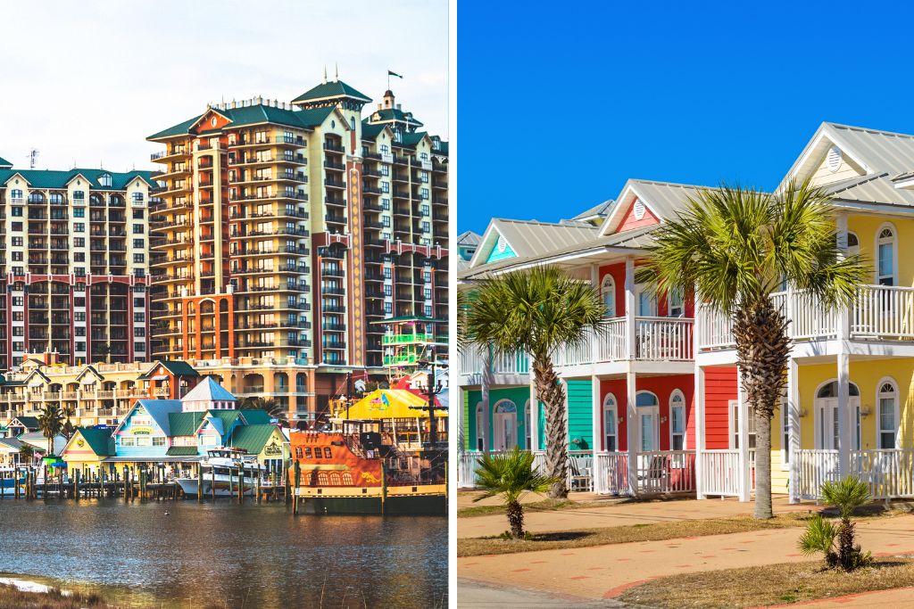 Buildings in Destin and vibrant houses in Panama City Beach