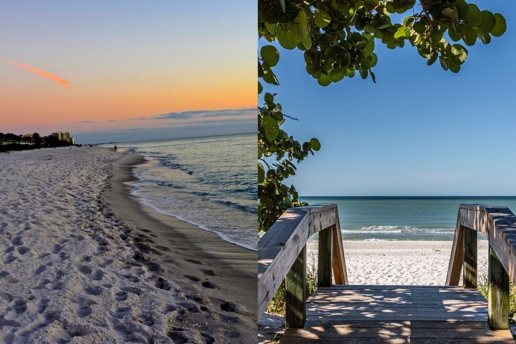 Sunset at Long Boat Key Beach & View of the Naples Boardwalk in Florida