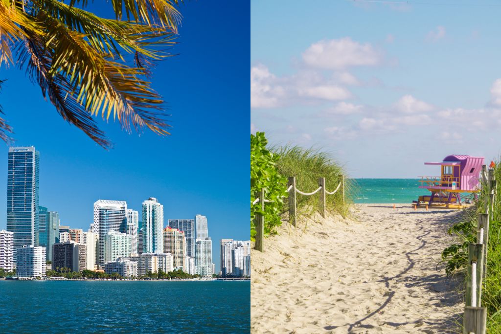 View of the buildings in Miami and the beach front at Miami beach.