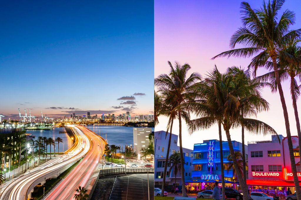 Aerial view of Miami City at night and the night scene at Ocean Drive in South Beach