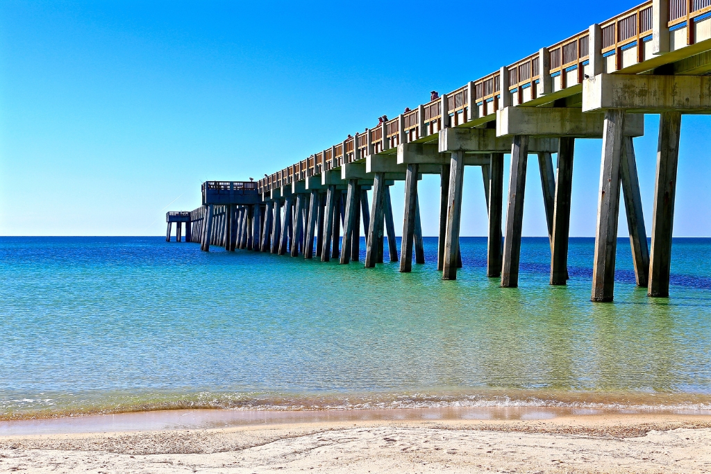 Located in Panama City, the Russel Fields Pier is 1500 feet long and goes over the Front Beach and into the Gulf of Mexico.