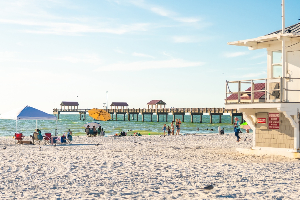 Beautiful beach scene with tourists and kids in Clearwater Beach