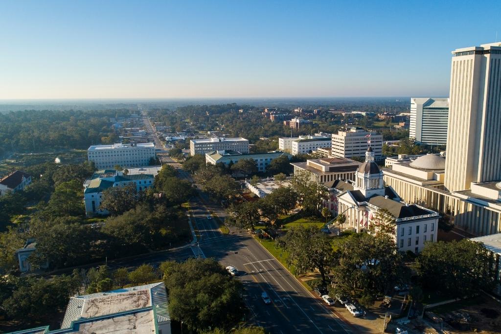 aerial drone shot of the Tallahassee Florida State Capitol