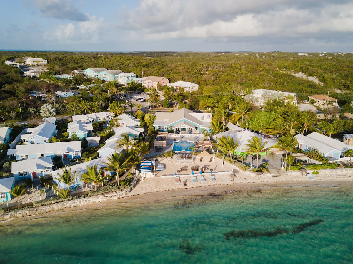 aerial view of Hideaways Exuma property with amazing beachfront