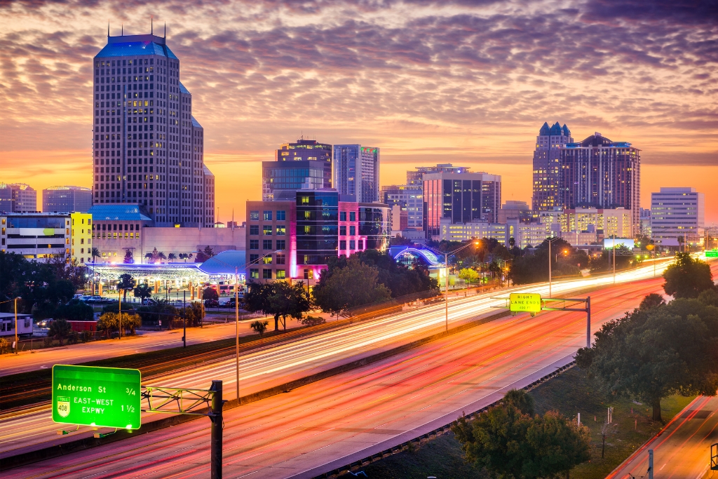 Orlando Florida citsycape at night with bright traffic lights 