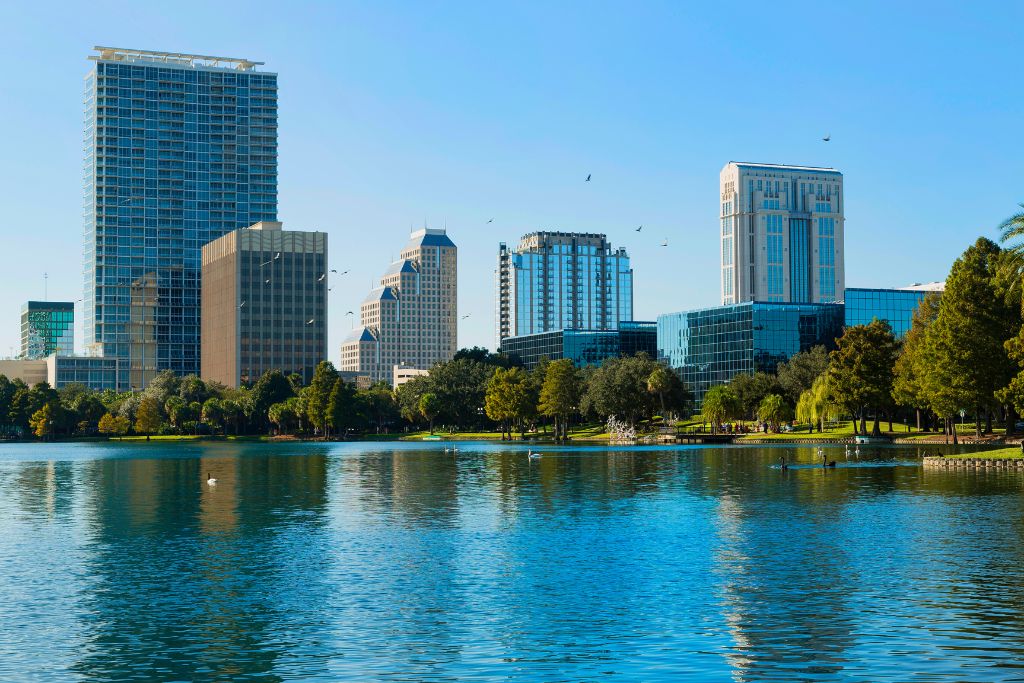 Orlando Overlooking a lake in Orlando with city buildings in the background