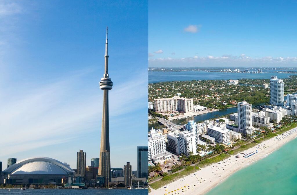 Split image showing the Toronto skyline with the CN Tower on the left and the sunny beaches and high-rise buildings of Miami, Florida on the right—highlighting the contrast between Canadian winter and Florida vacation destinations