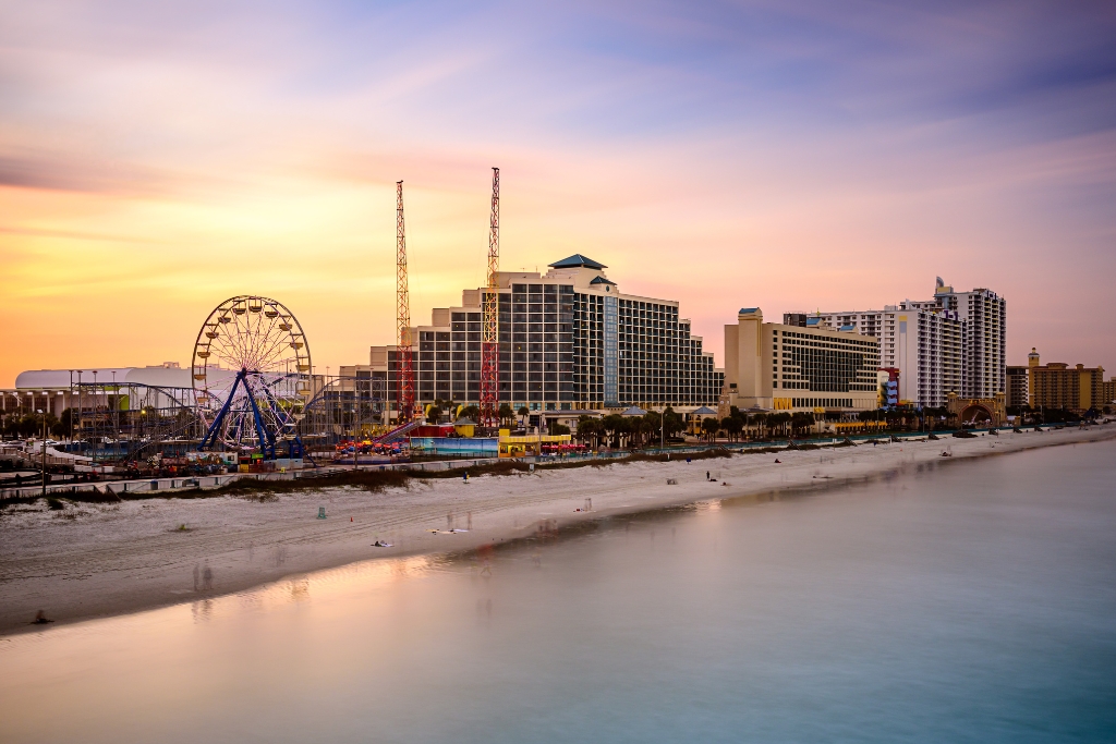 aerial view of the beach and buildings in Daytona Beach Florida