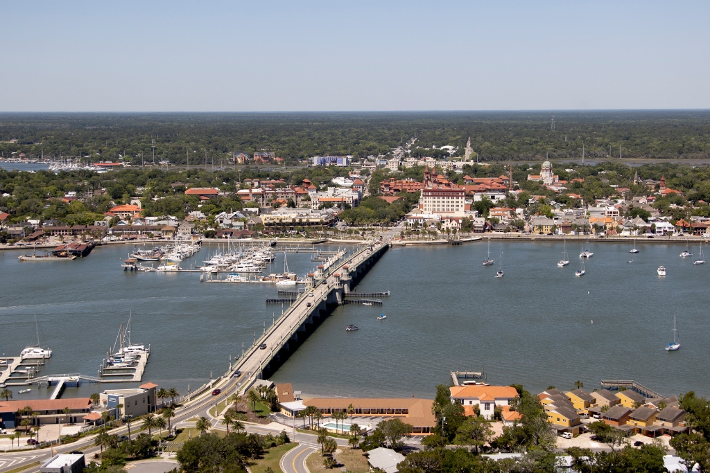 aerial view of St Augustine Florida and a long connecting bridge