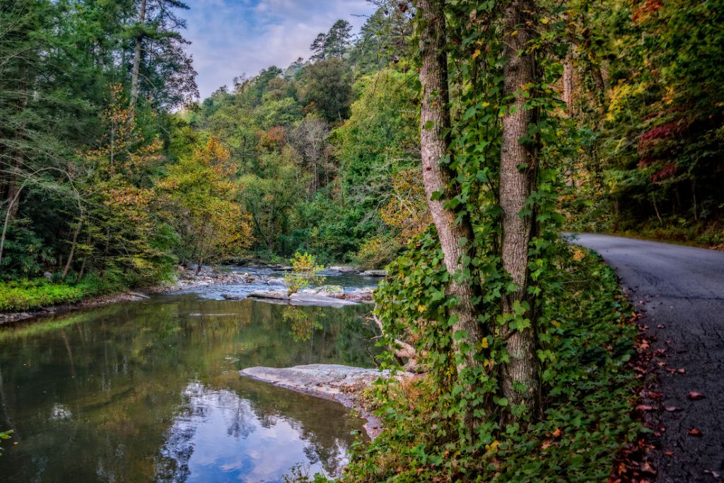 Scenic river and winding road surrounded by lush forest and early fall foliage near Tellico Village, Tennessee.