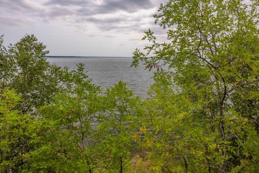 Scenic view of Lake Bemidji in Bemidji, Minnesota, framed by lush green trees beneath a cloudy sky.