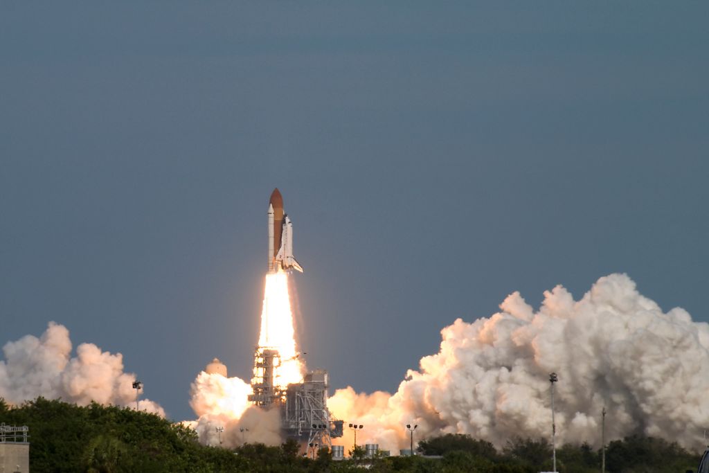 Space shuttle leaving launching pad, Kennedy Space Center, Florida